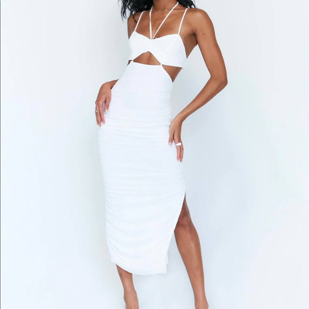 NWOT Princess Polly Alice Midi Dress. Ruched White Mesh Bodycon with Slit- US 8